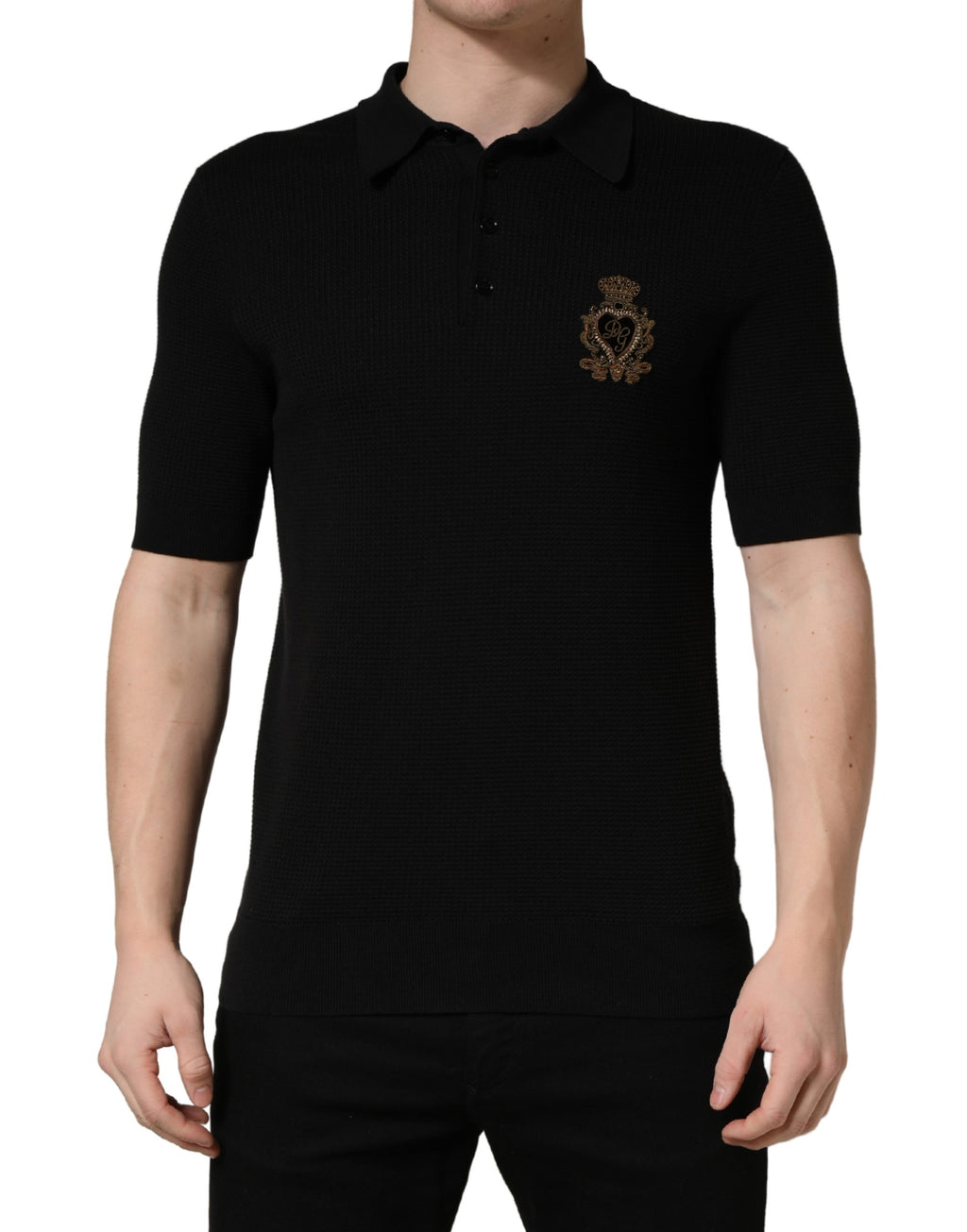 Schwarzes Wappen-Patch Seiden-Poloshirt