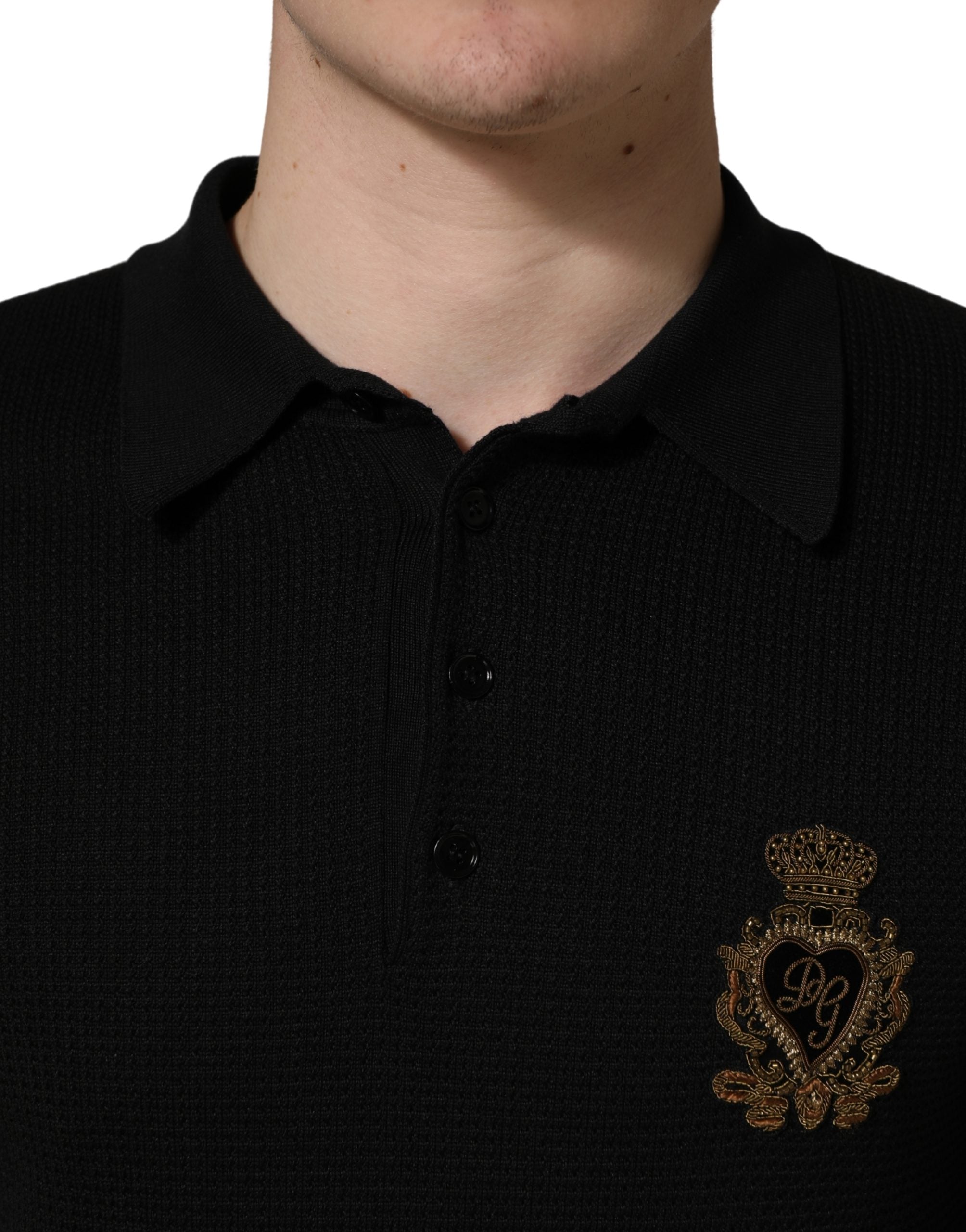 Schwarzes Wappen-Patch Seiden-Poloshirt