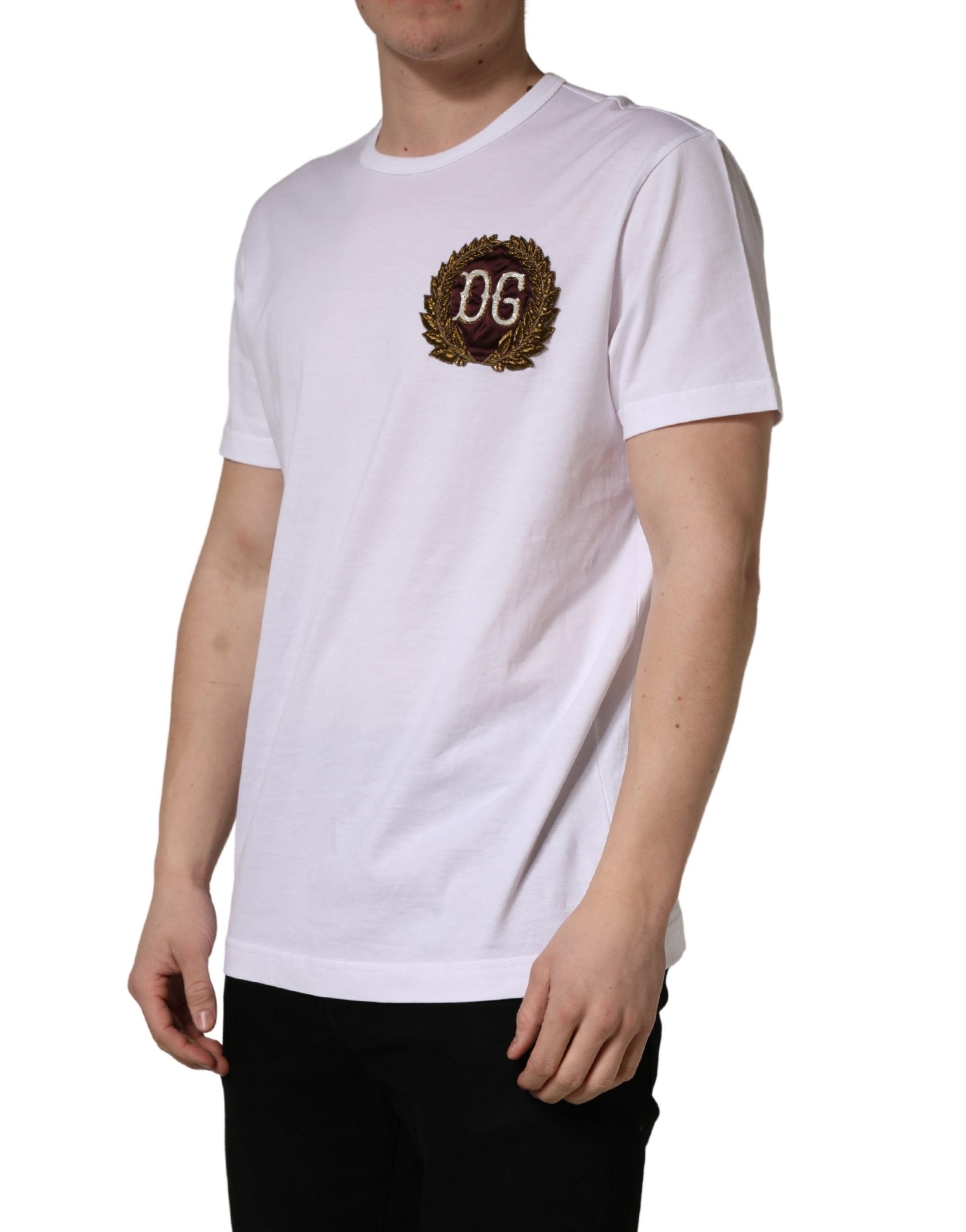 Weißes T-Shirt mit Rundhalsausschnitt und DG-Blattstickerei