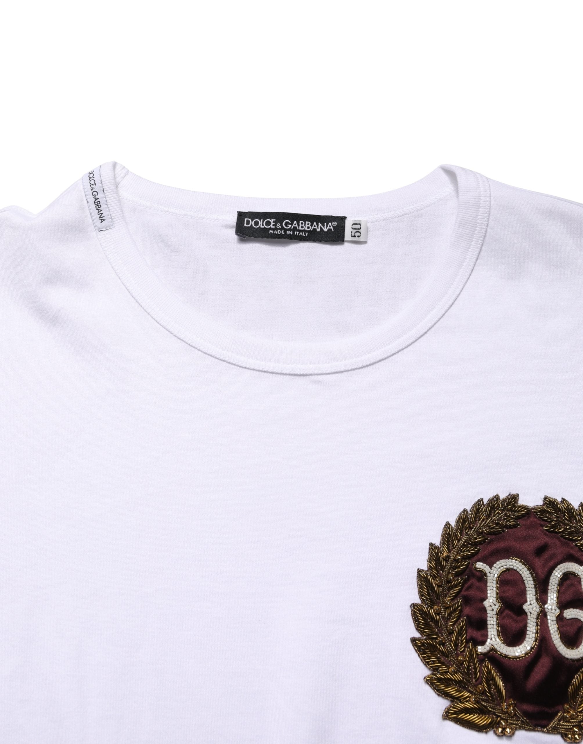 Weißes T-Shirt mit Rundhalsausschnitt und DG-Blattstickerei