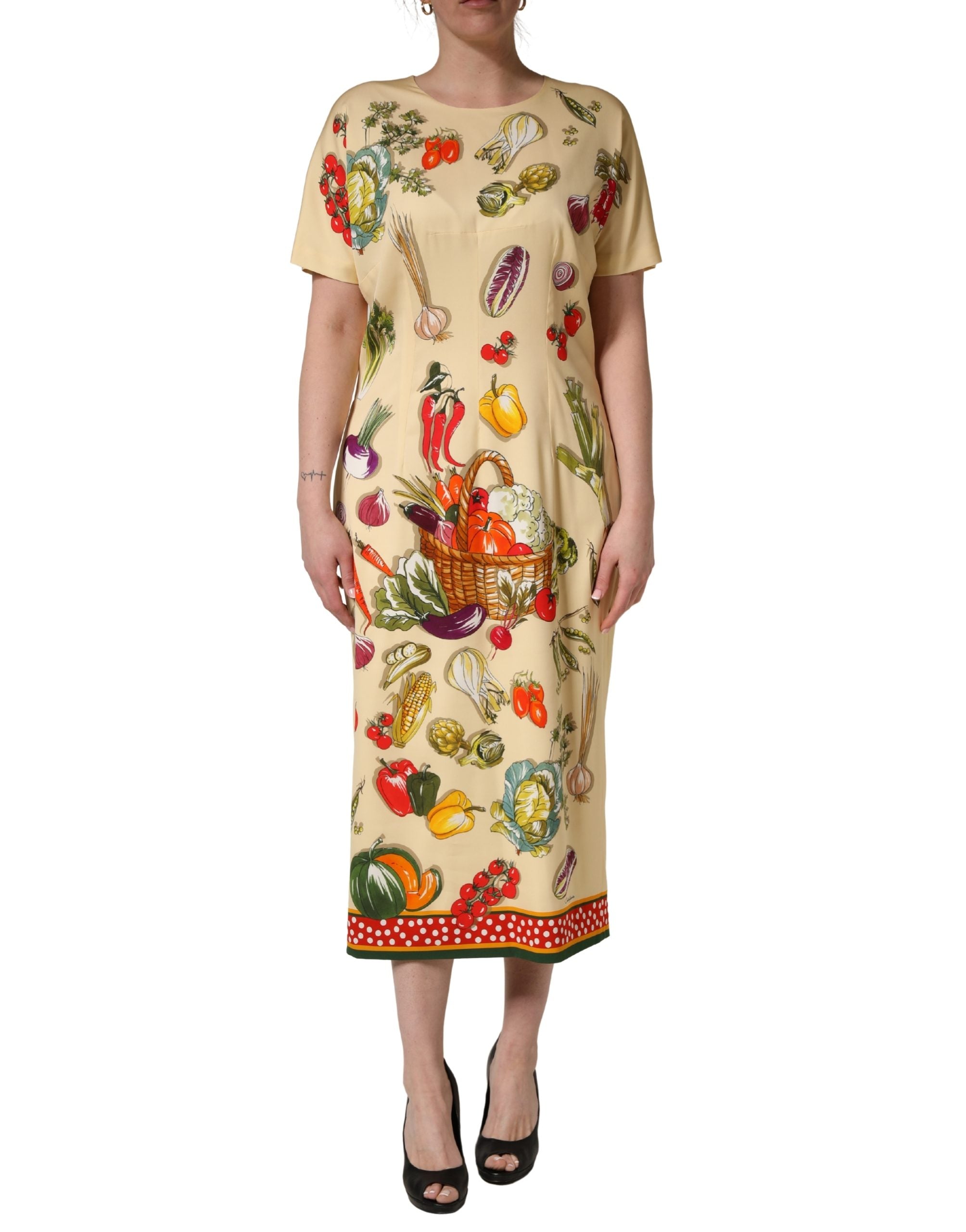 Beige Fruit Polka Dot Sheath Silk Midi Dress