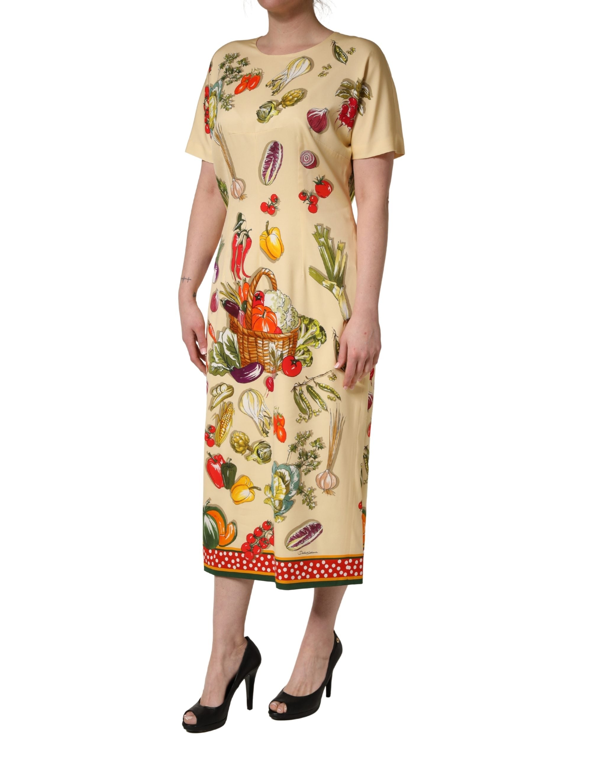 Beige Fruit Polka Dot Sheath Silk Midi Dress
