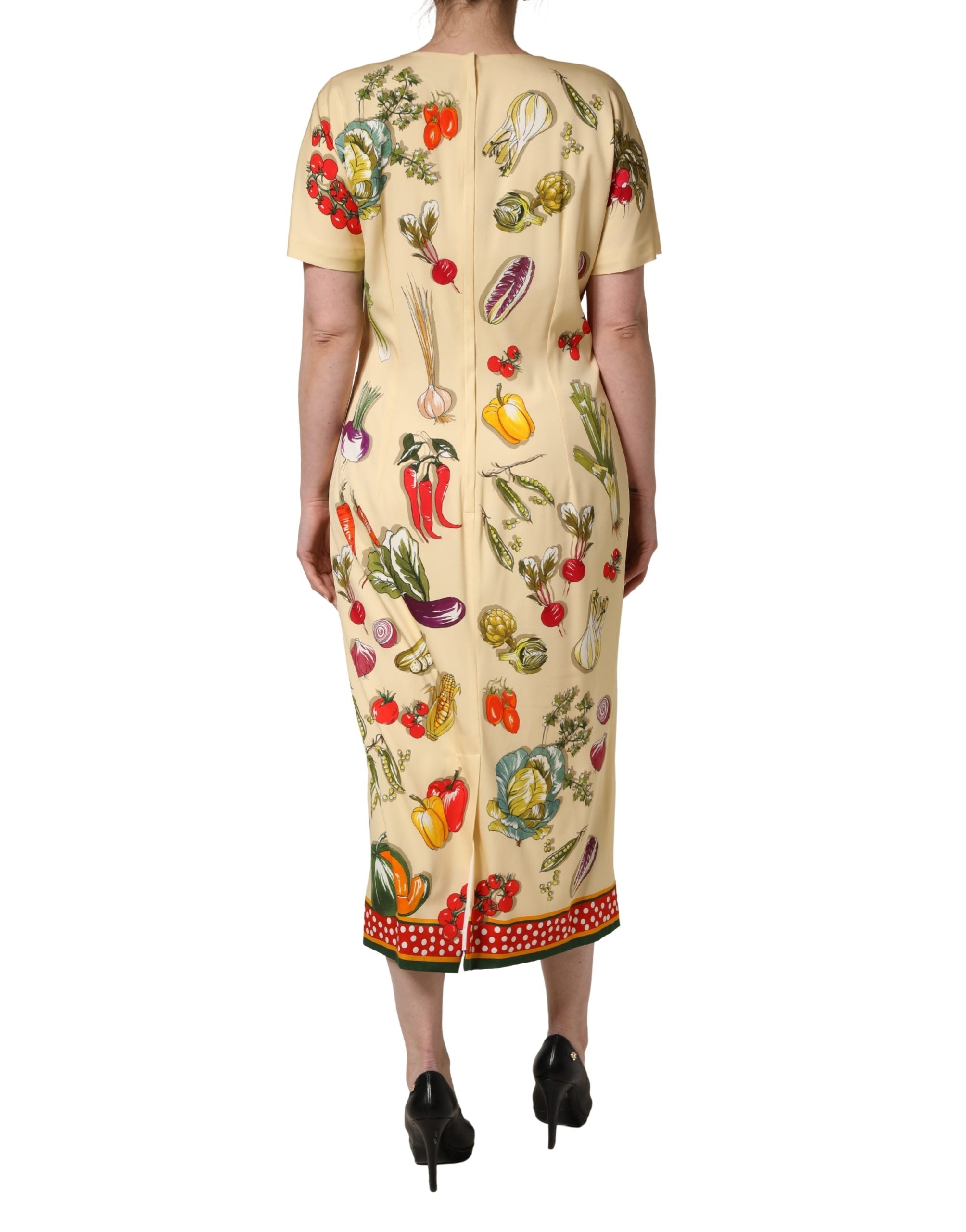 Beige Fruit Polka Dot Sheath Silk Midi Dress