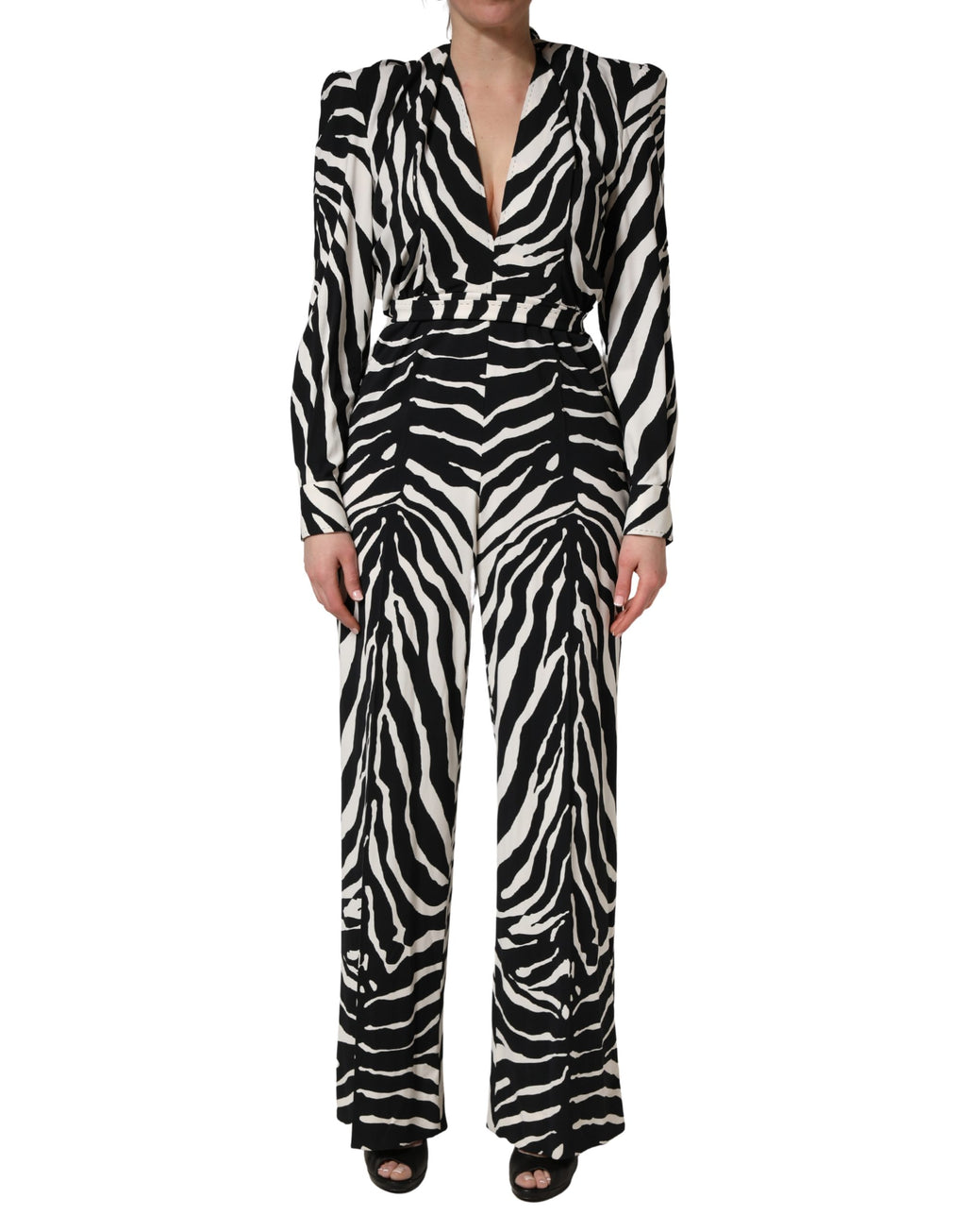 Black White Viscose Zebra Print Jumpsuit