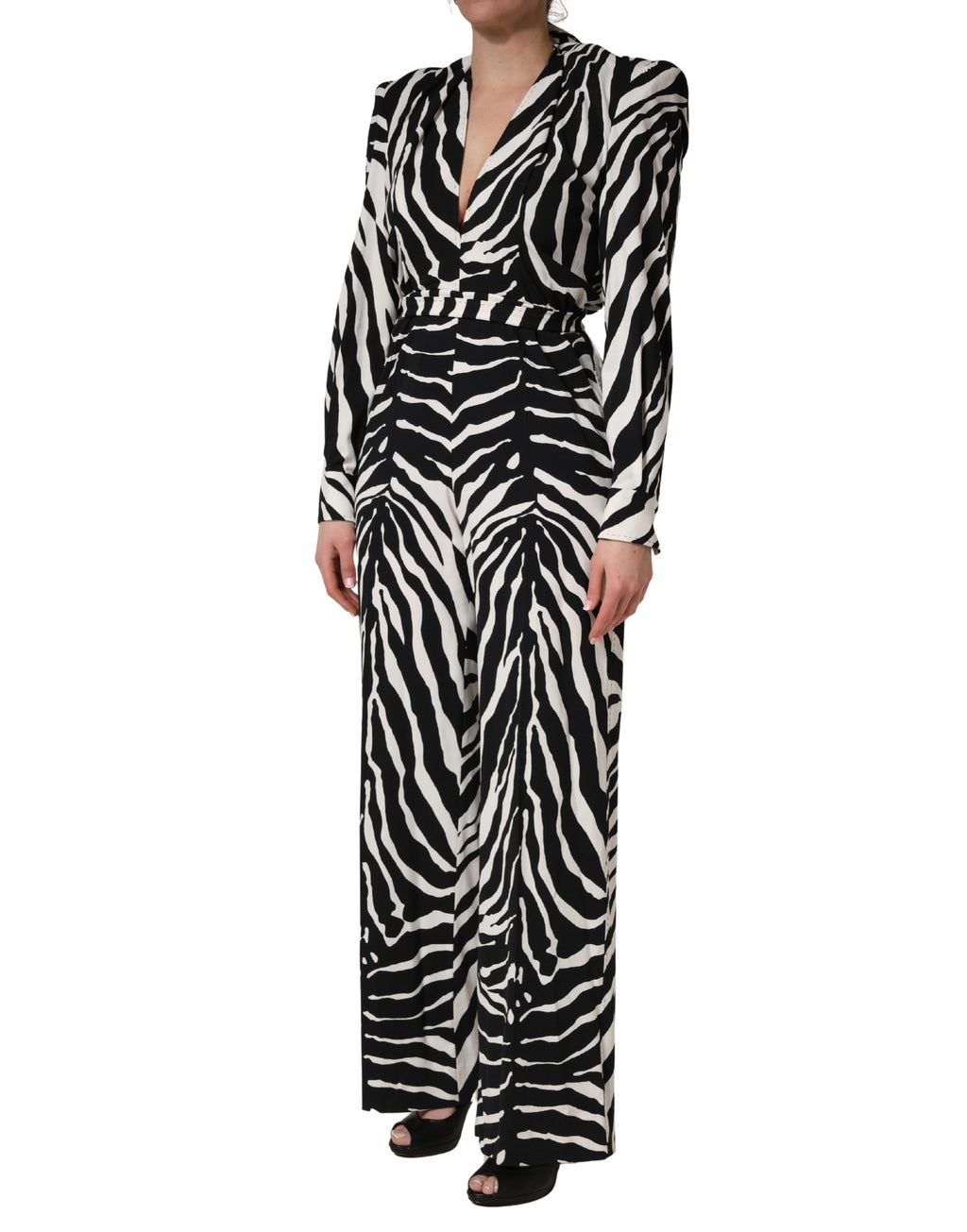 Black White Viscose Zebra Print Jumpsuit