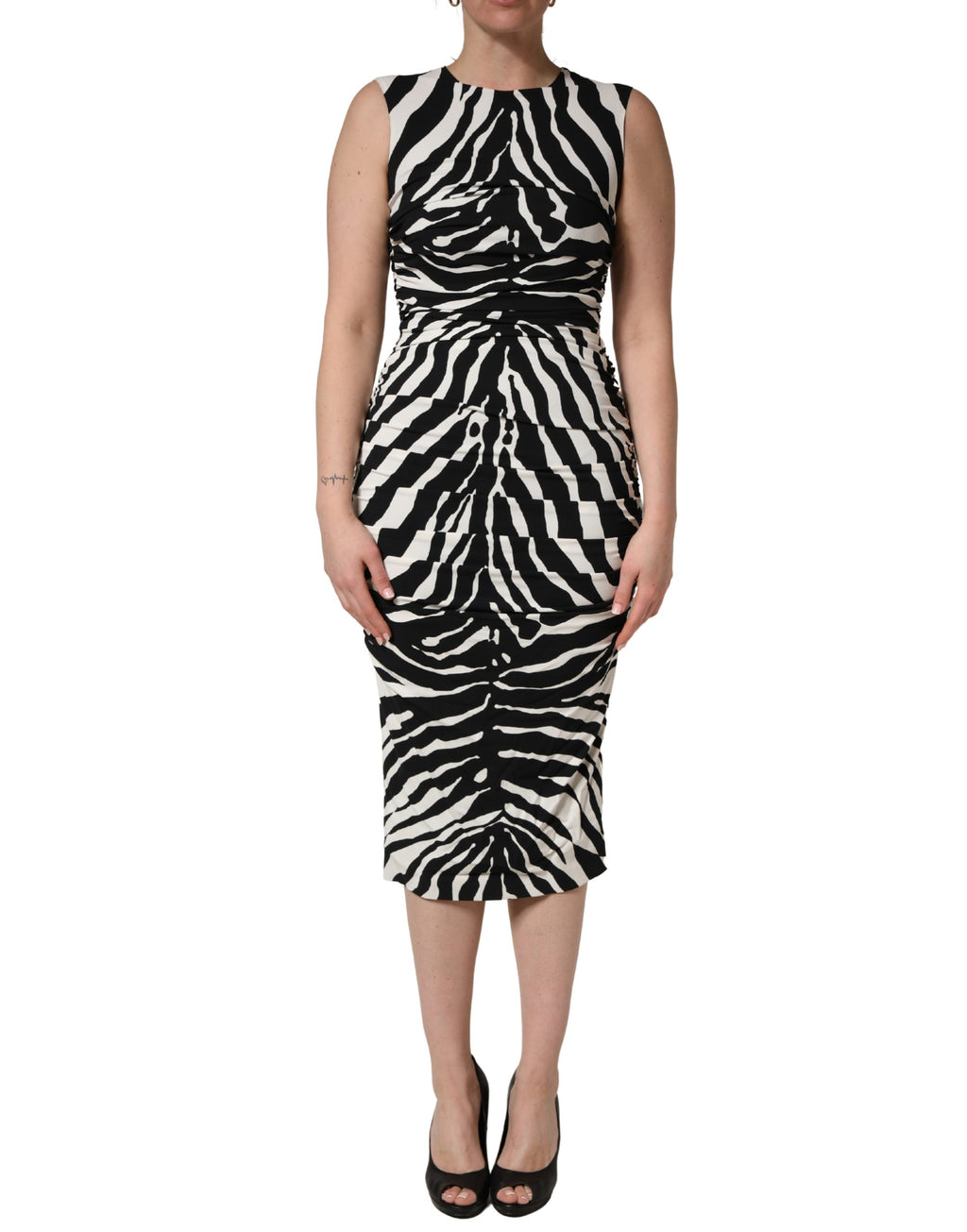 Schwarz-weißes Zebra Cady Wadenlanges Kleid