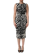 Schwarz-weißes Zebra Cady Wadenlanges Kleid