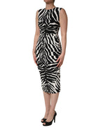 Schwarz-weißes Zebra Cady Wadenlanges Kleid
