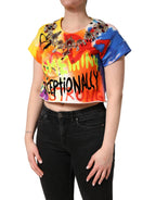 Mehrfarbiges Graffiti-Kristall-Crop-Jersey-Top