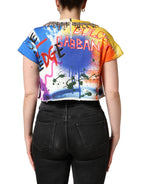 Mehrfarbiges Graffiti-Kristall-Crop-Jersey-Top