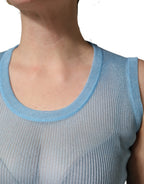 Blue Semi Sheer Ribbed Sleeveless Tank Top