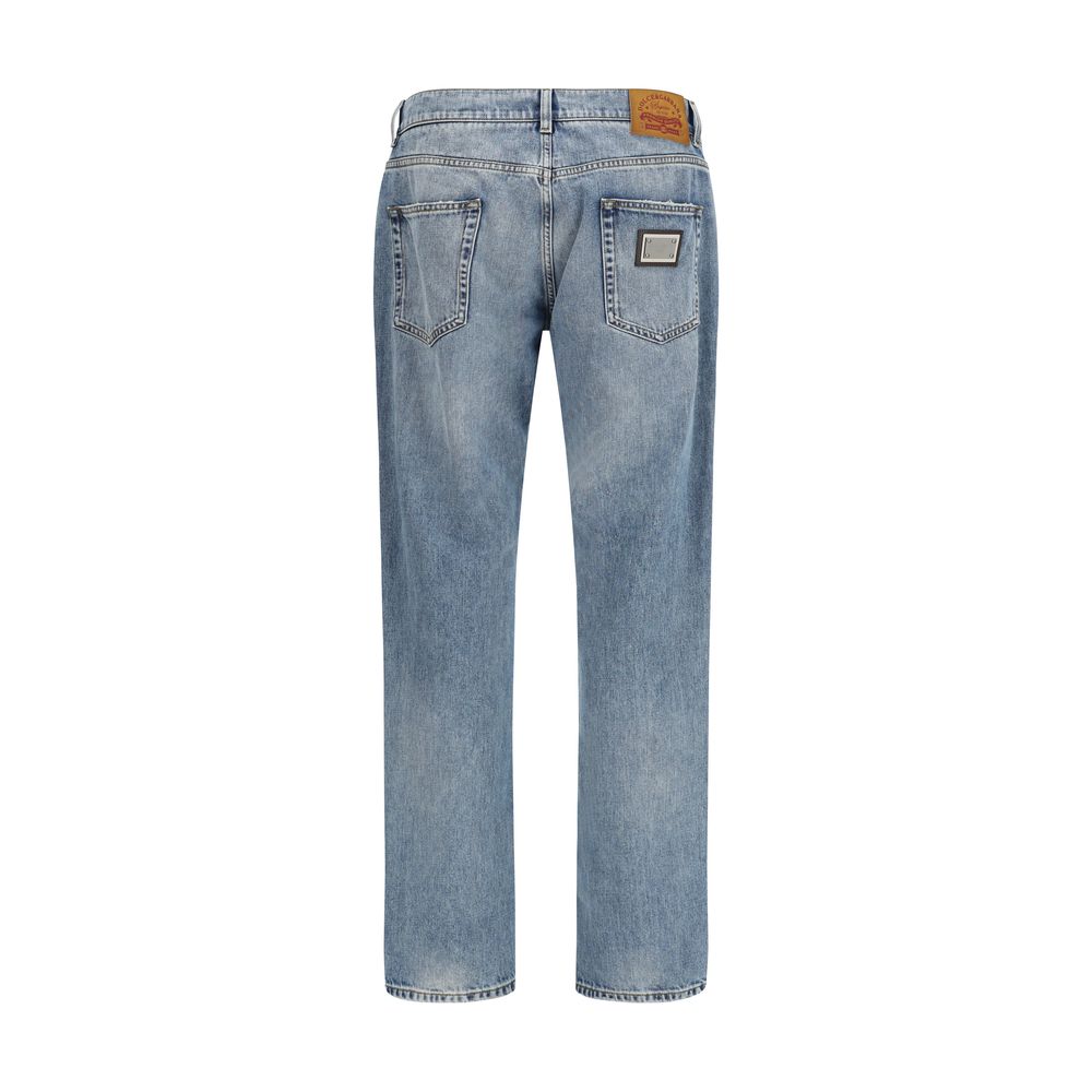 Blue Cotton Straight-Leg Jeans
