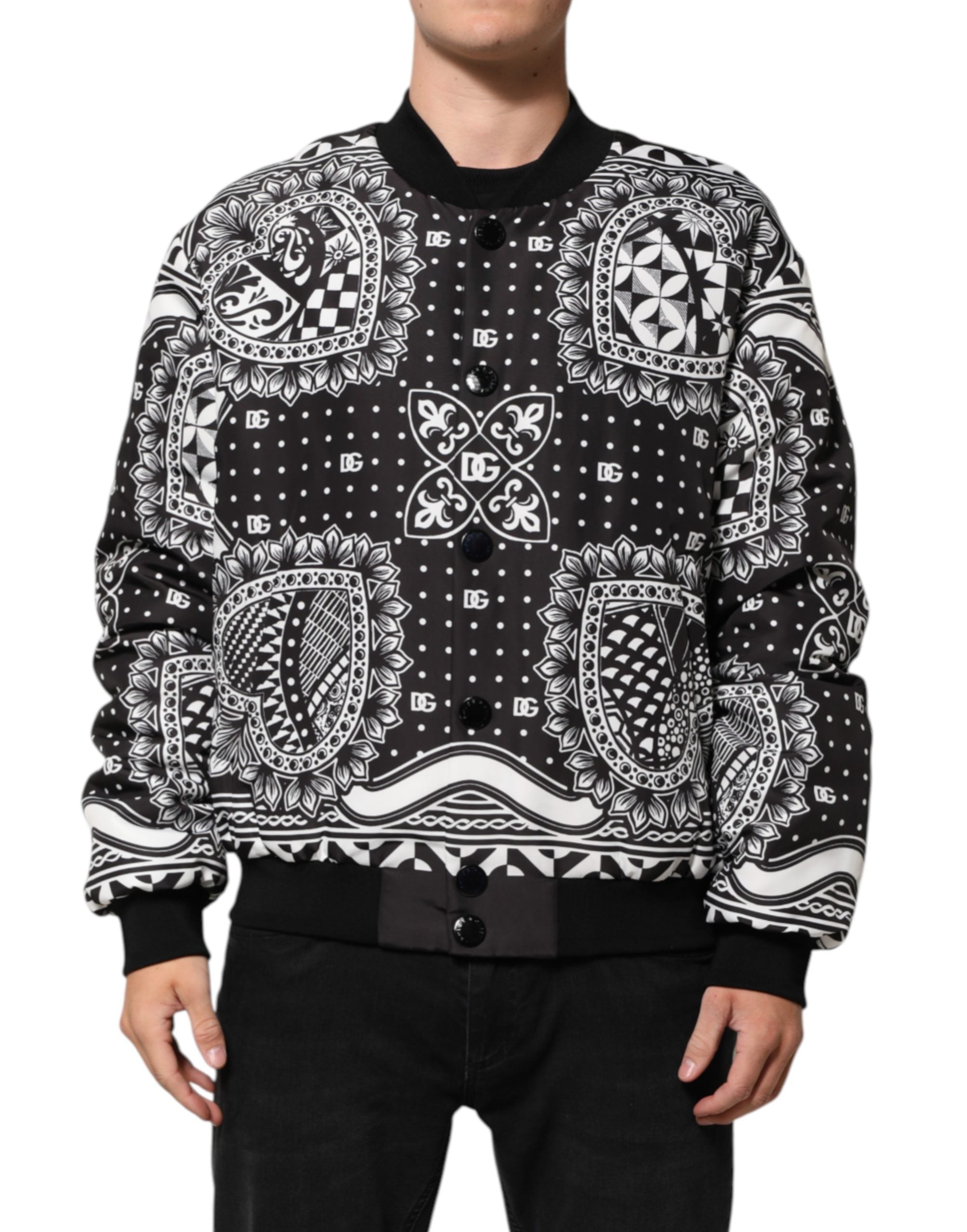 Schwarze Bomberjacke für Herren mit weißem Bandana-Print