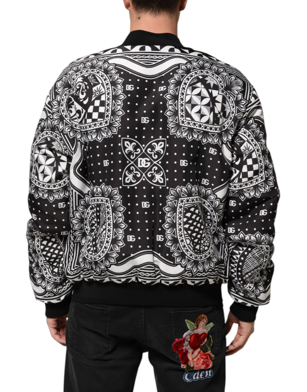 Schwarze Bomberjacke für Herren mit weißem Bandana-Print