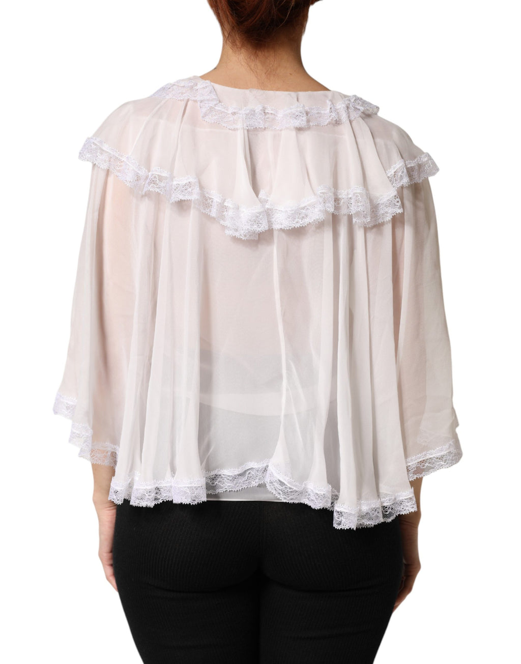 Weißes Langarm-Top mit Rüschen und Spitze