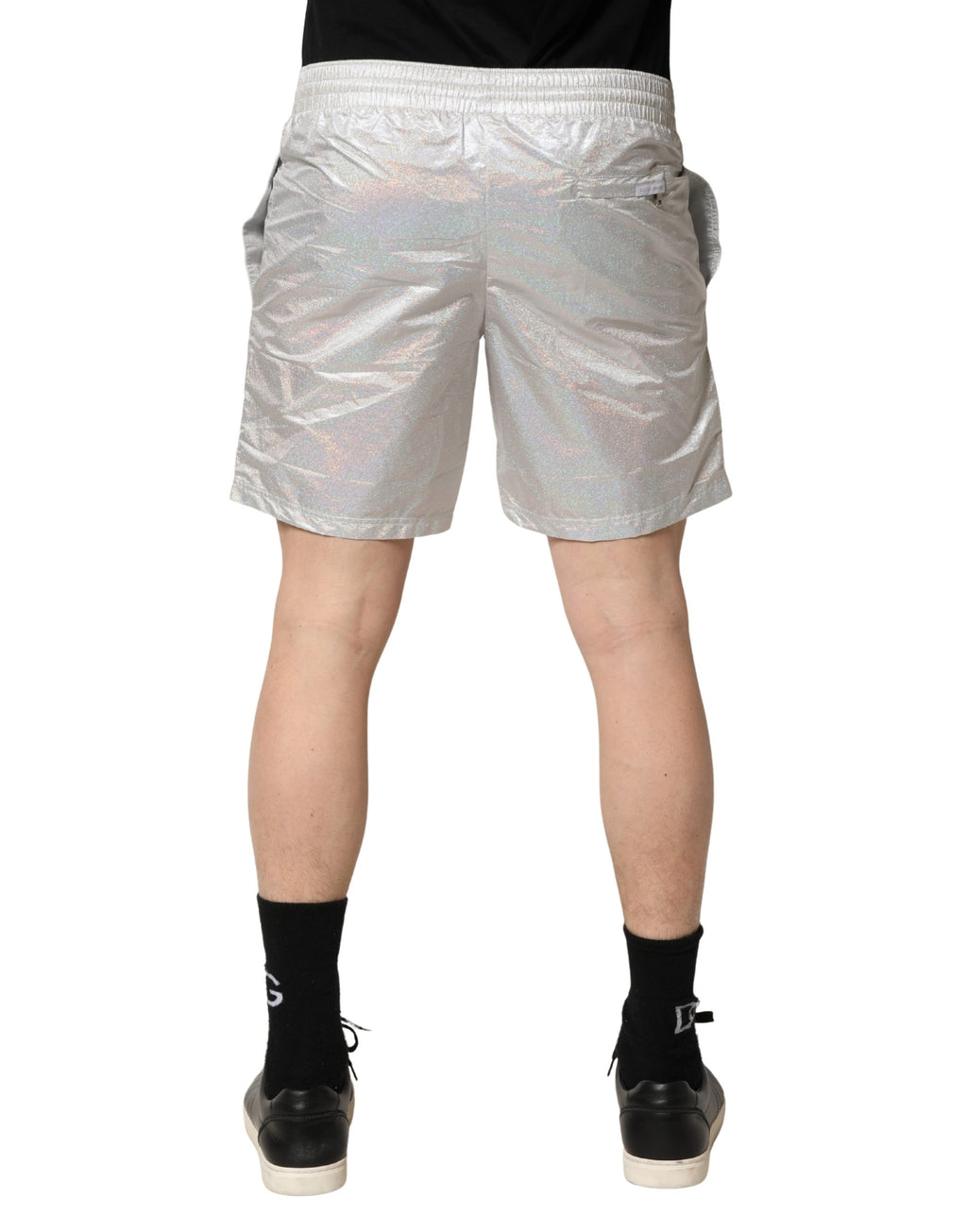 Pantaloncini da bagno da uomo con coulisse in poliestere argentato