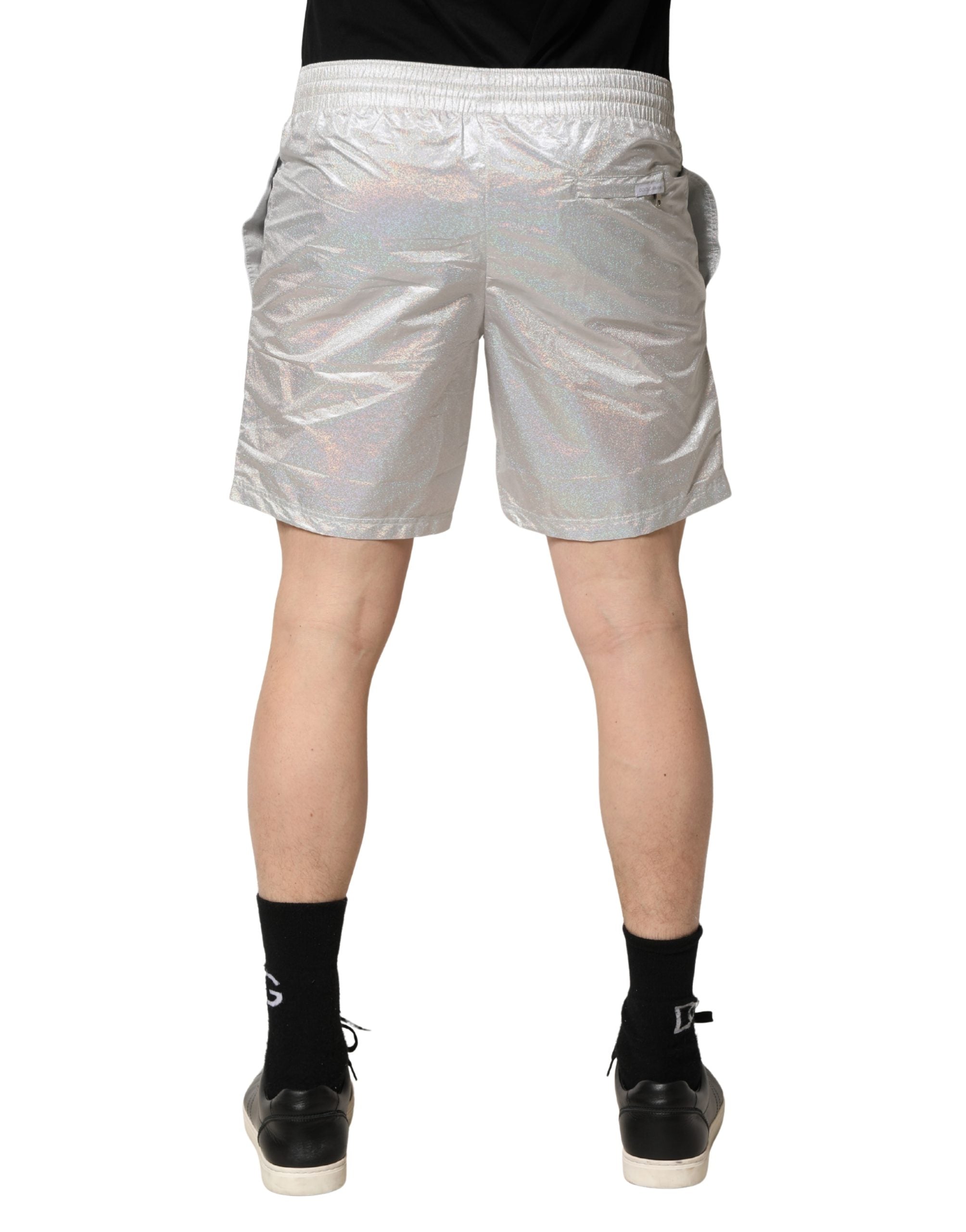 Pantaloncini da bagno da uomo con coulisse in poliestere argentato