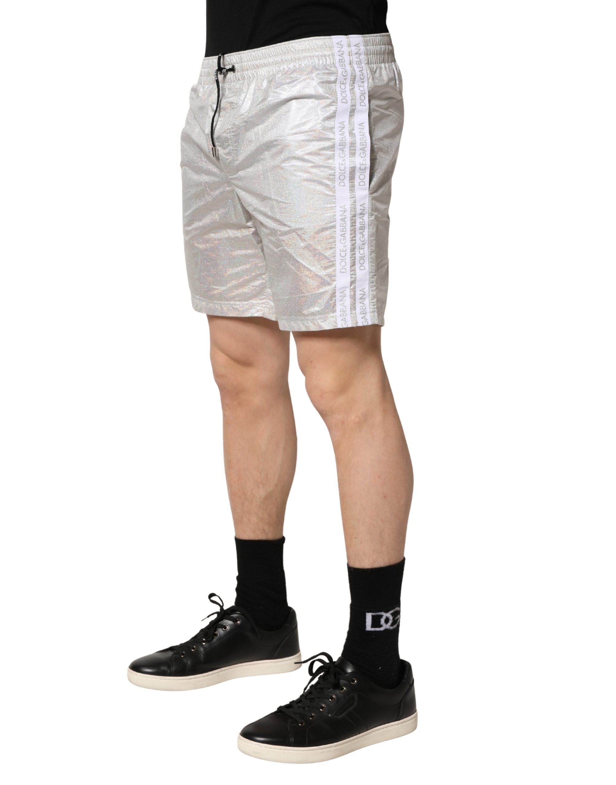 Pantaloncini da bagno da uomo con coulisse in poliestere argentato