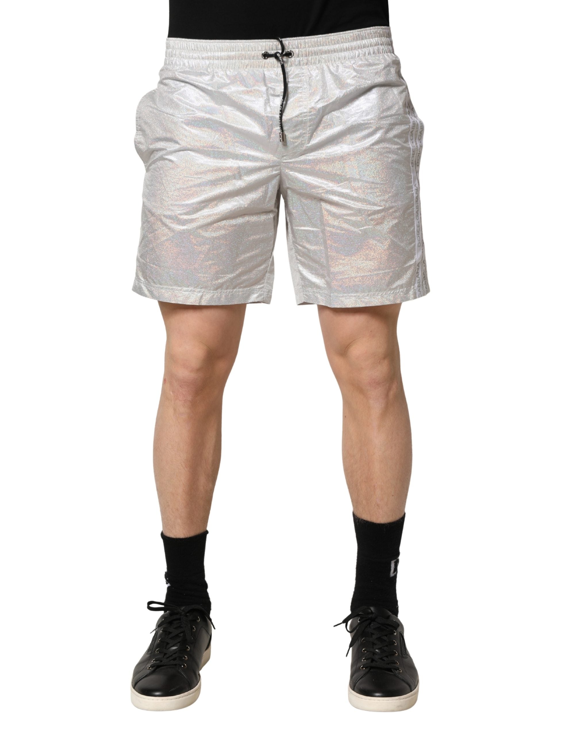 Pantaloncini da bagno da uomo con coulisse in poliestere argentato