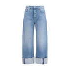 Blue Cotton Cropped Jeans