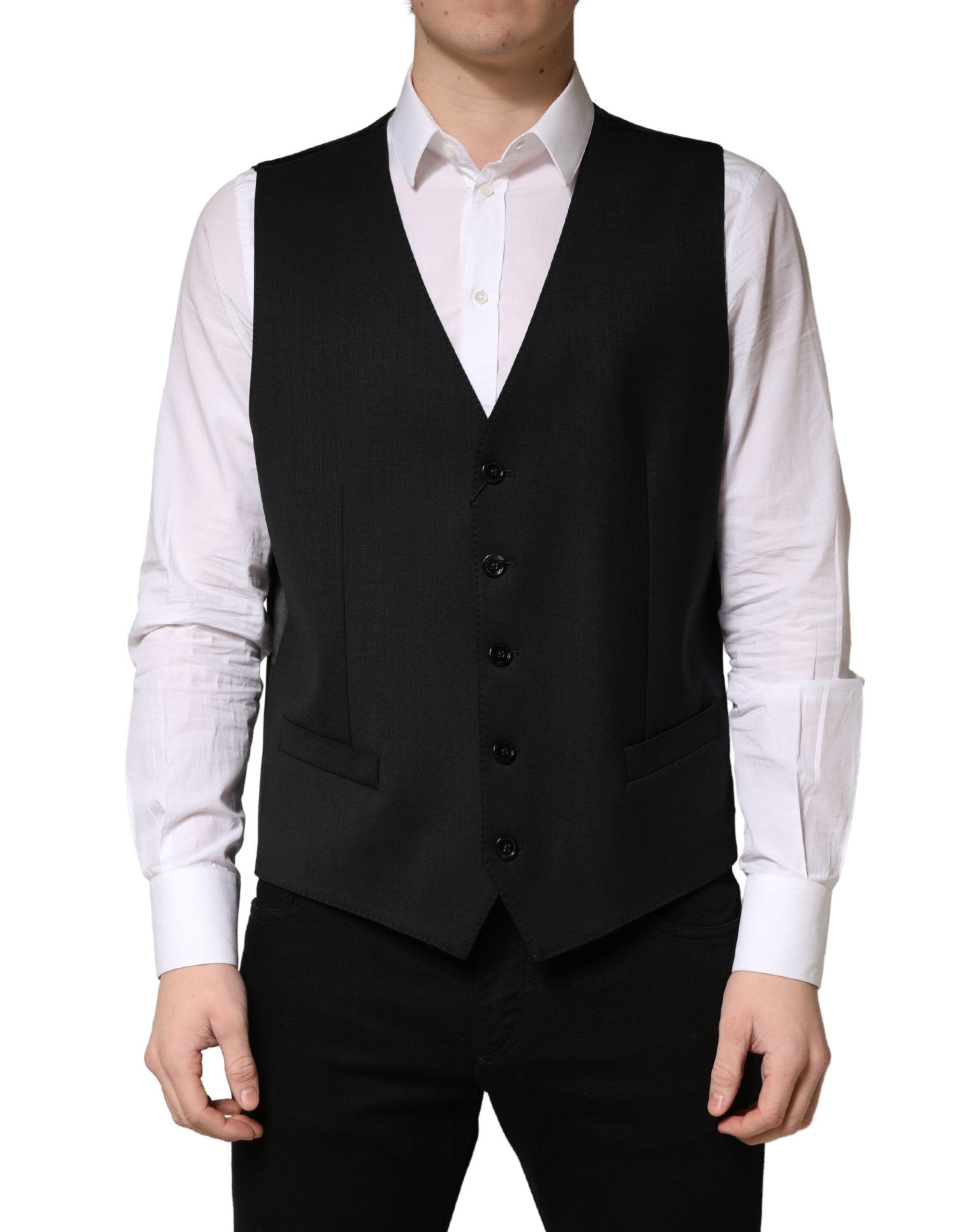 Black Wool Single Breasted Men's Waistcoat