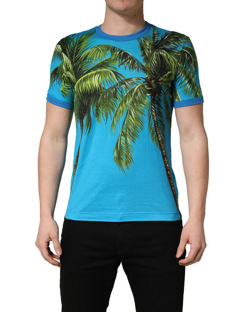 Baumwoll-T-Shirt mit Rundhalsausschnitt und blauer Palme