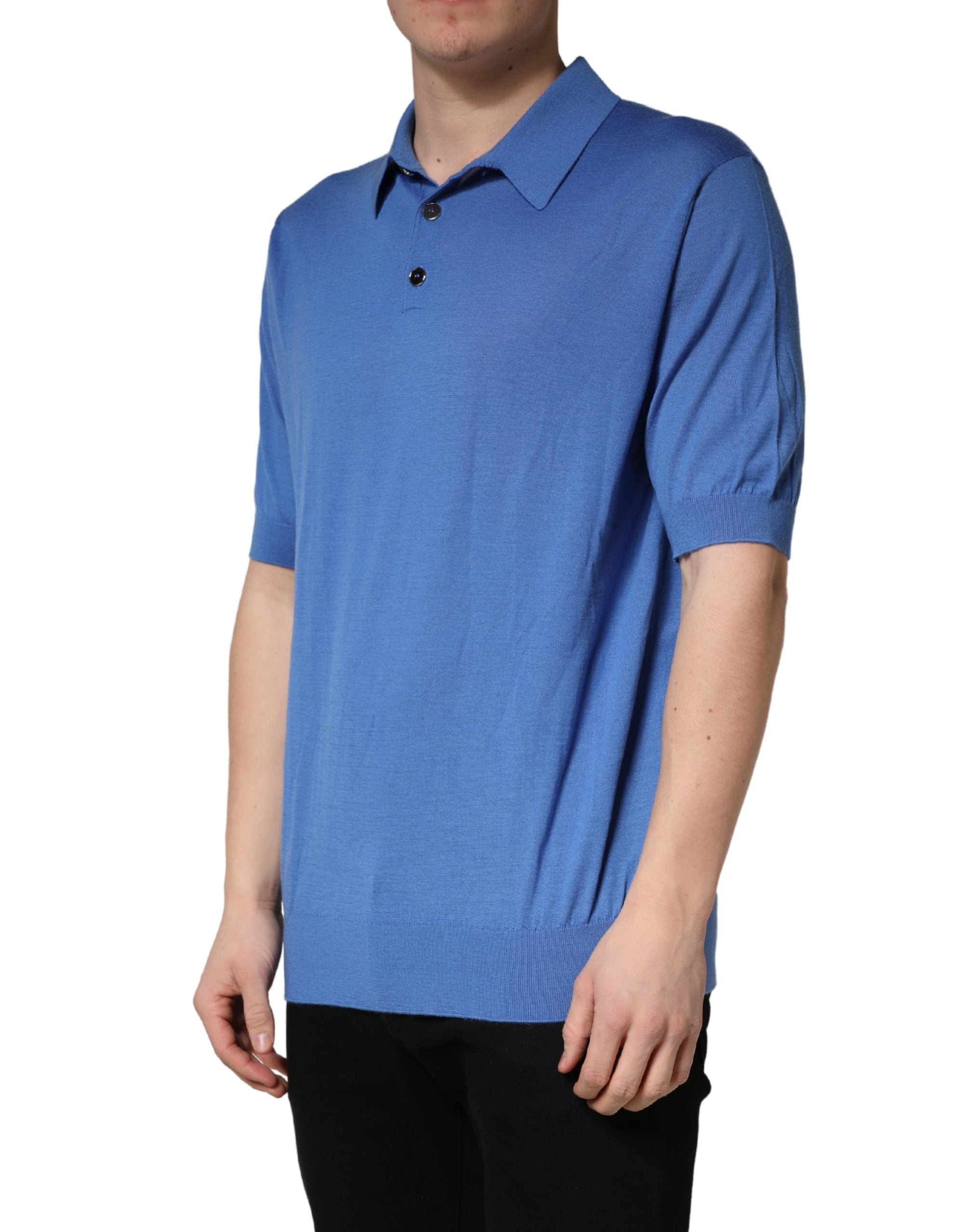 Blaues Kaschmir-Polohemd mit kurzen Ärmeln