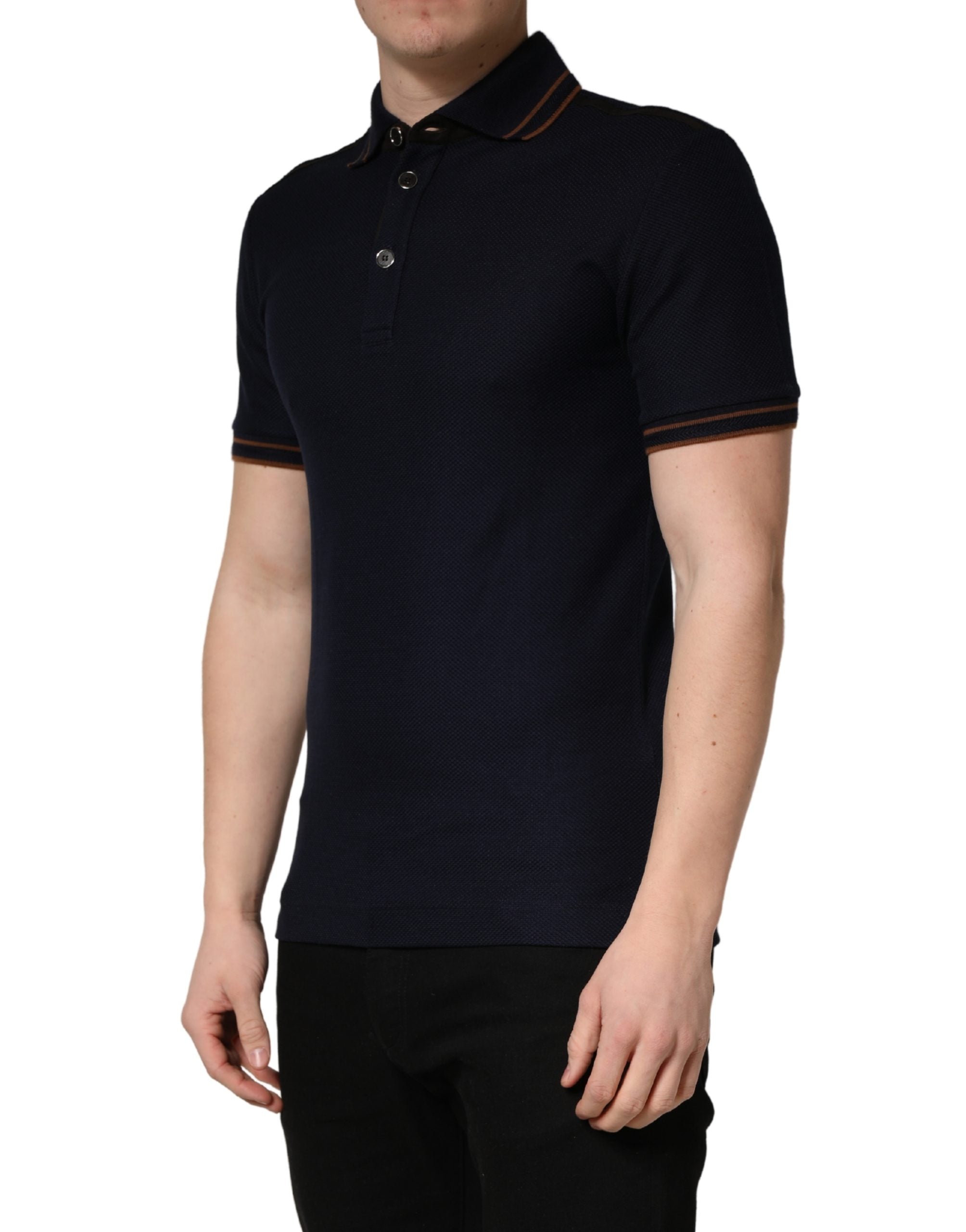 Dunkelblaues Seiden-Polo-T-Shirt für Herren mit kurzen Ärmeln