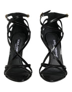 Black Leather Stiletto Heel Sandals Shoes