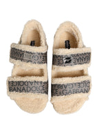 Beige Faux Fur Logo Print Flats Sandals Shoes