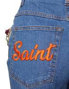 Blue Embellished Wide Cropped Denim Jeans