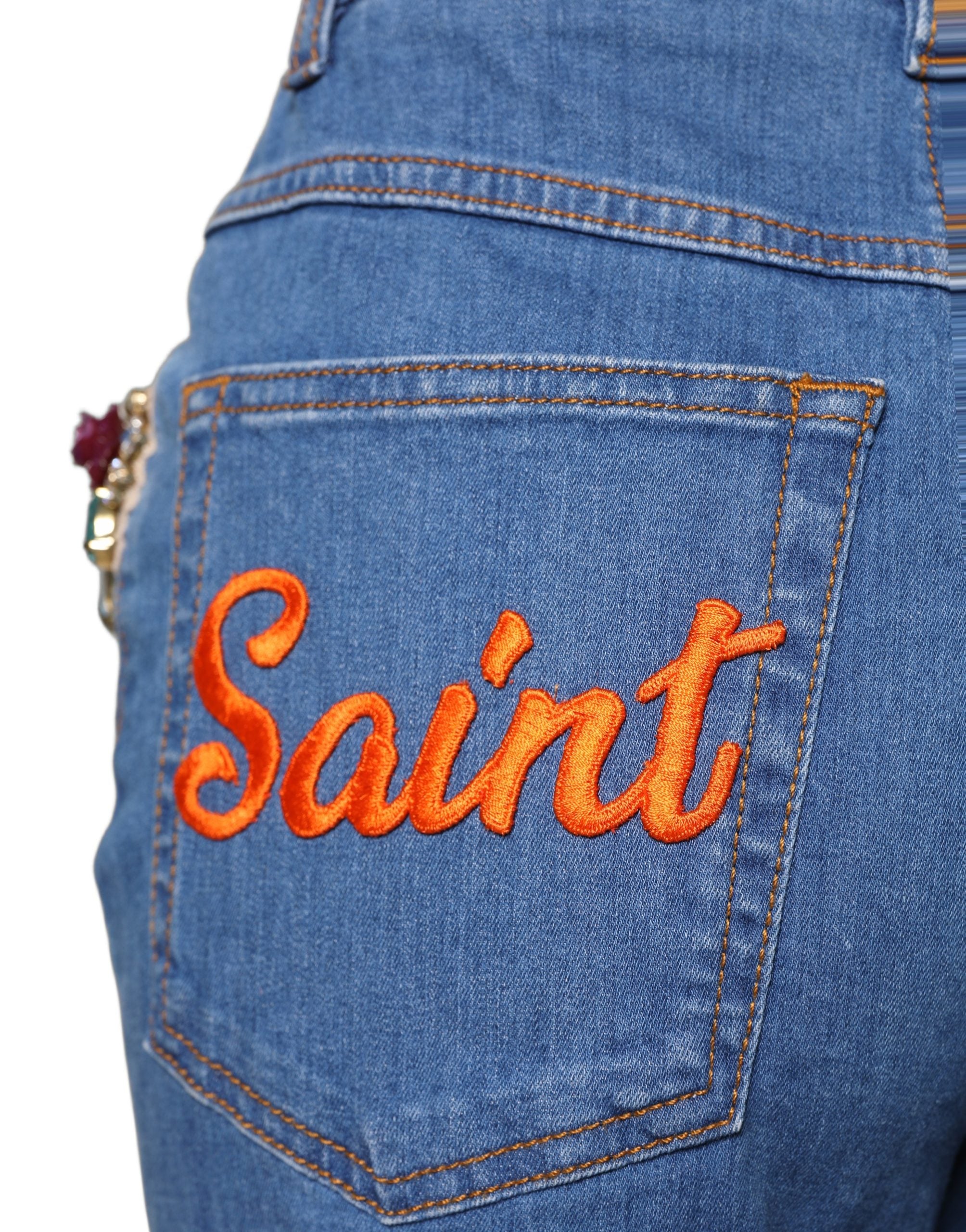 Blue Embellished Wide Cropped Denim Jeans