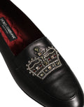 Dolce & Gabbana Black Leather Crown Embellished Loafers Shoes