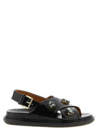 Schwarze flache Sandalen aus Lammleder