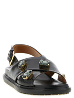 Schwarze flache Sandalen aus Lammleder