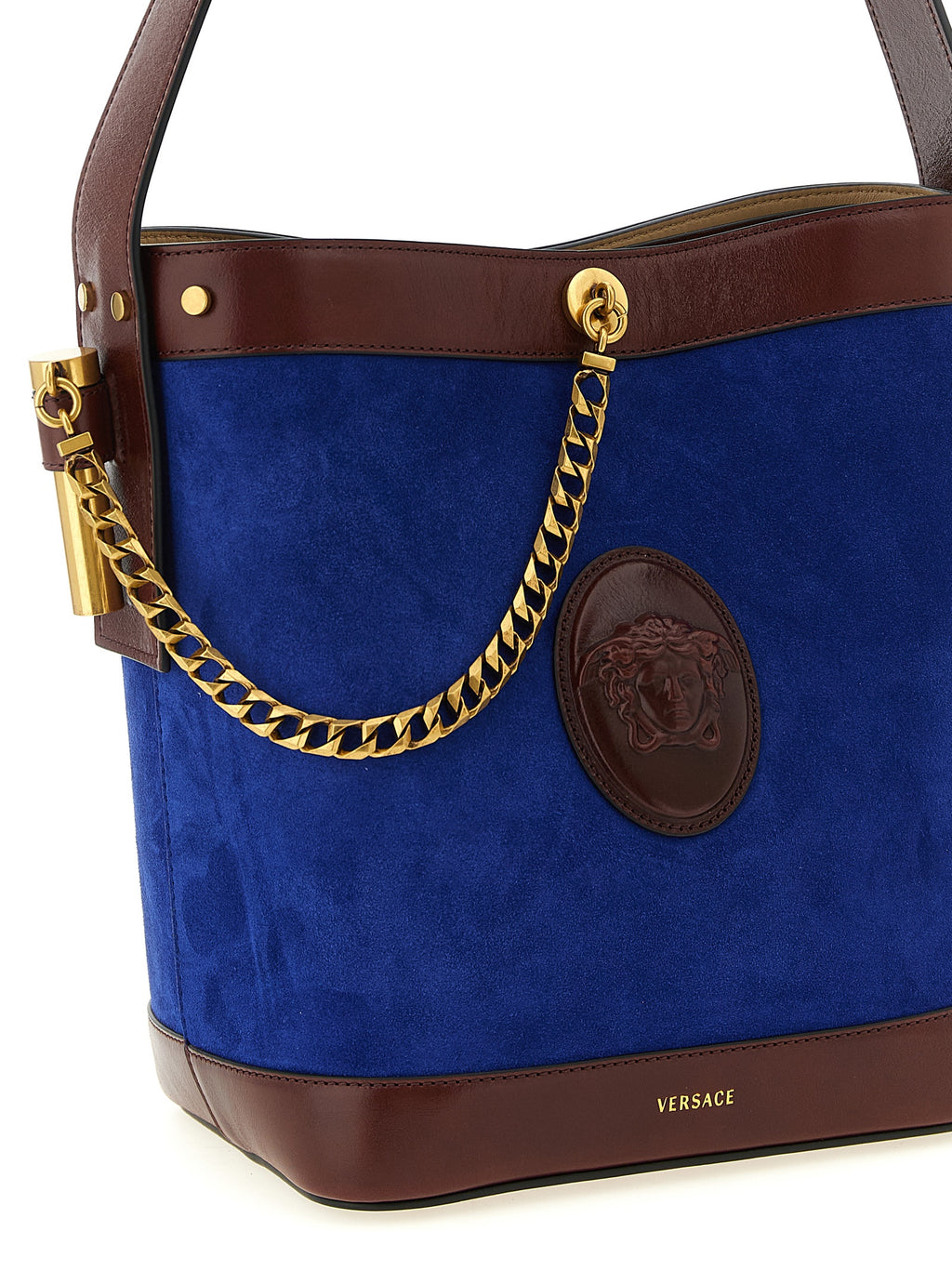 Schultertasche aus blauem Kalbsleder