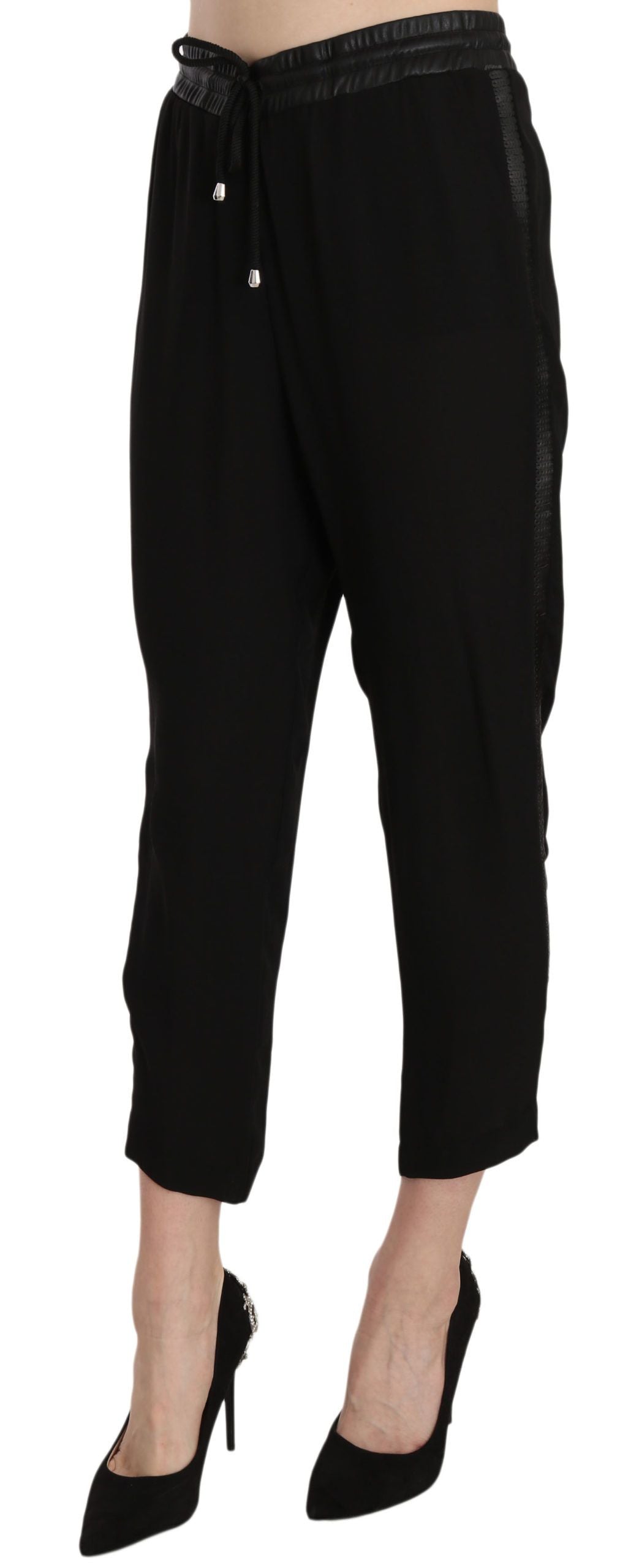 Schwarze High-Waist-Cropped-Hose aus Polyester