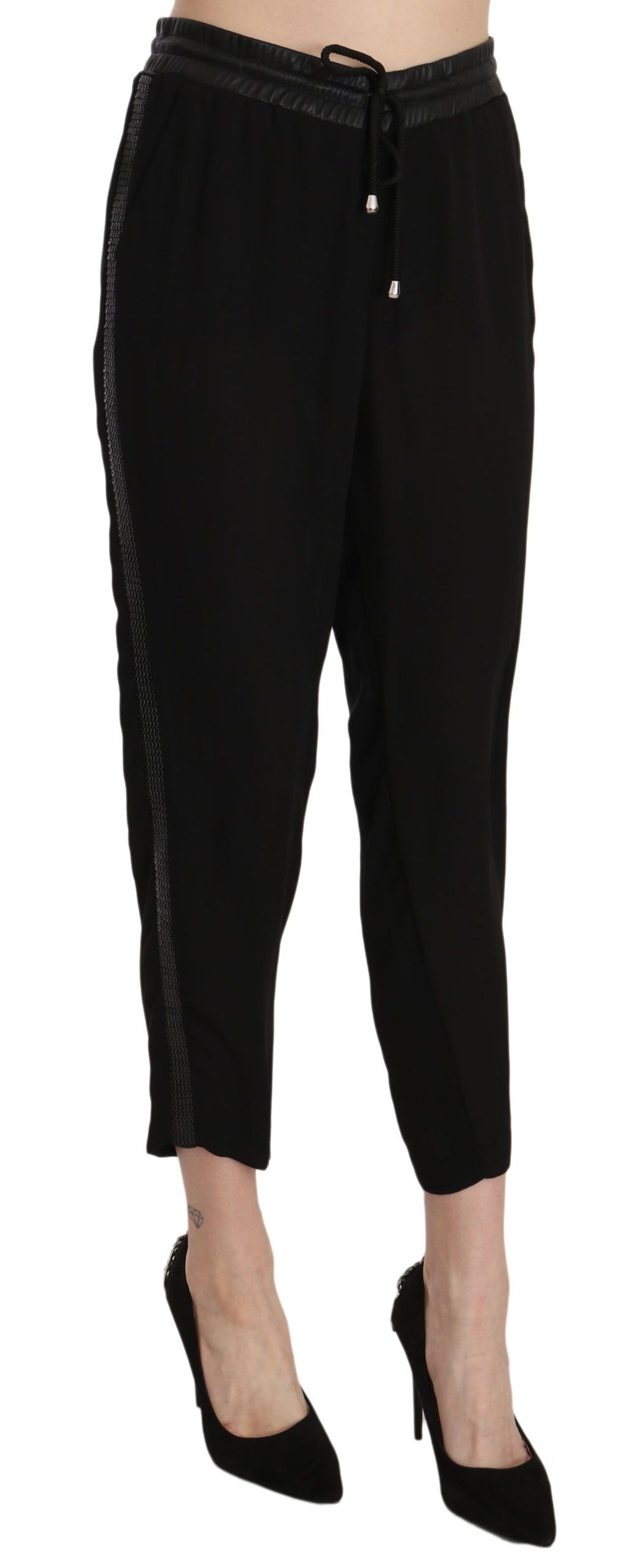 Schwarze High-Waist-Cropped-Hose aus Polyester