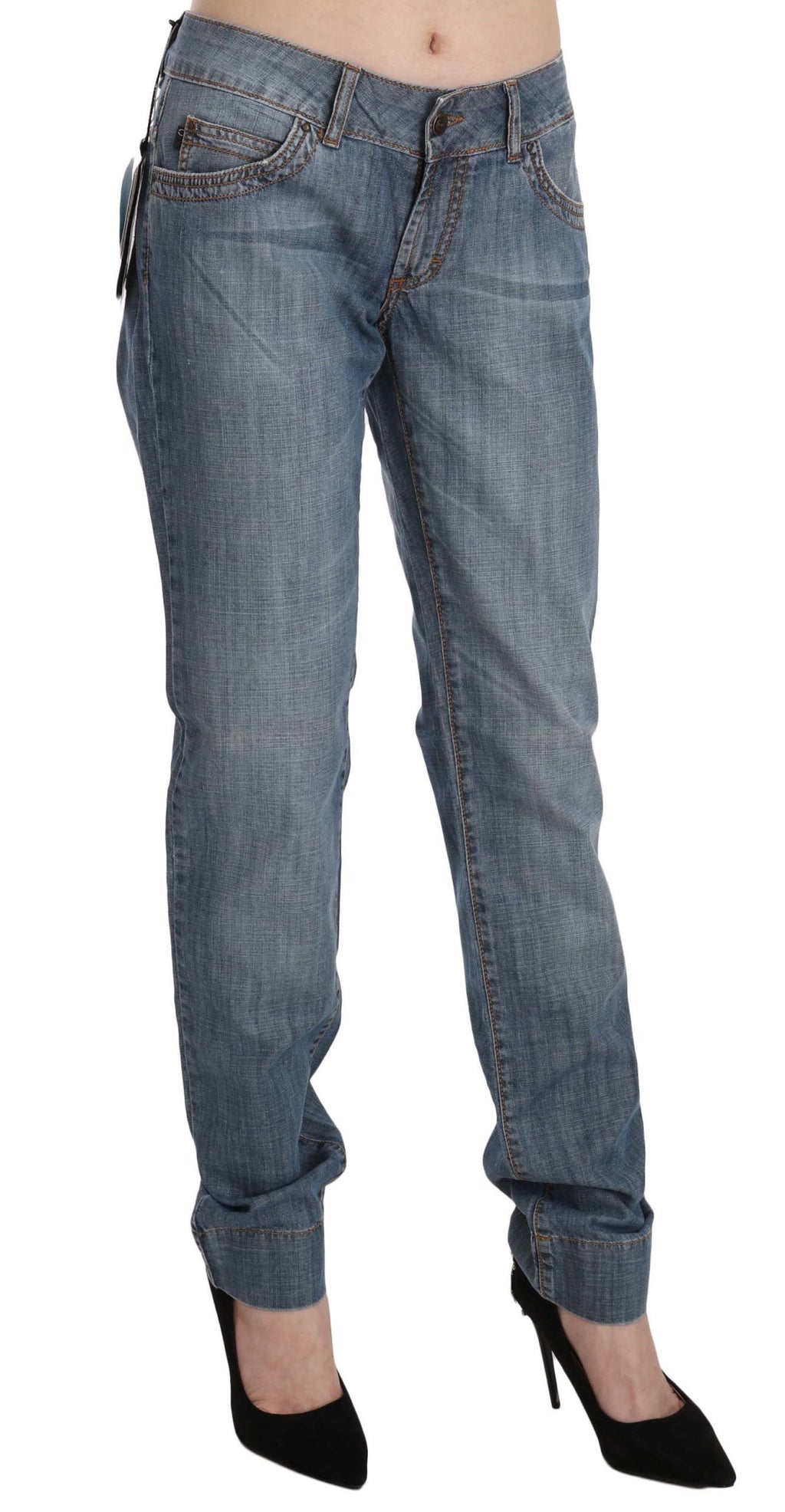 Blaue Jeans mit niedriger Taille aus gewaschener Baumwolle und schmaler Passform