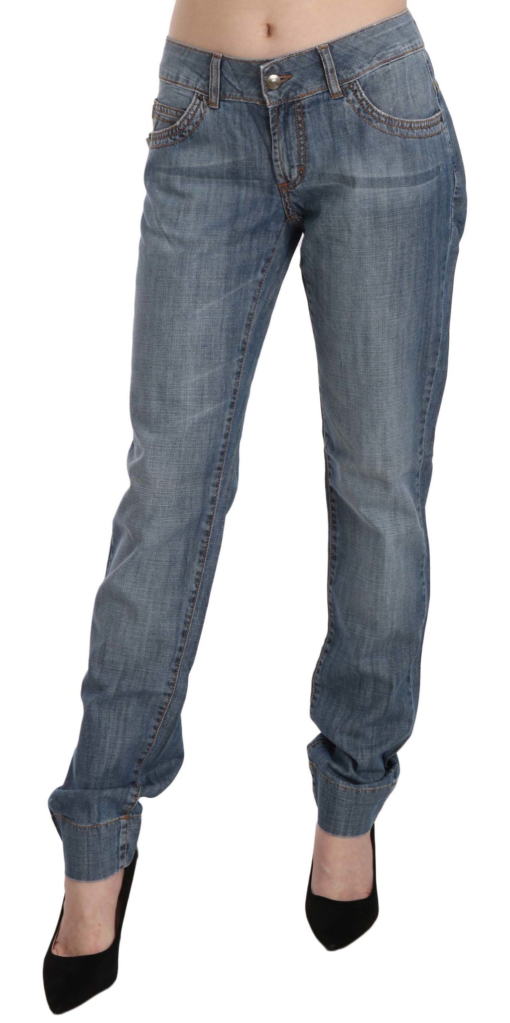 Blaue Jeans mit niedriger Taille aus gewaschener Baumwolle und schmaler Passform