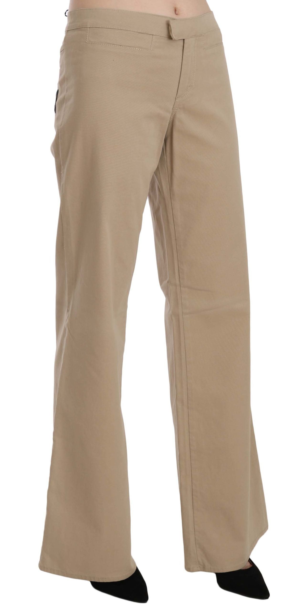 Beige Baumwoll-Hose mit ausgestelltem Bein und mittlerer Bundhöhe