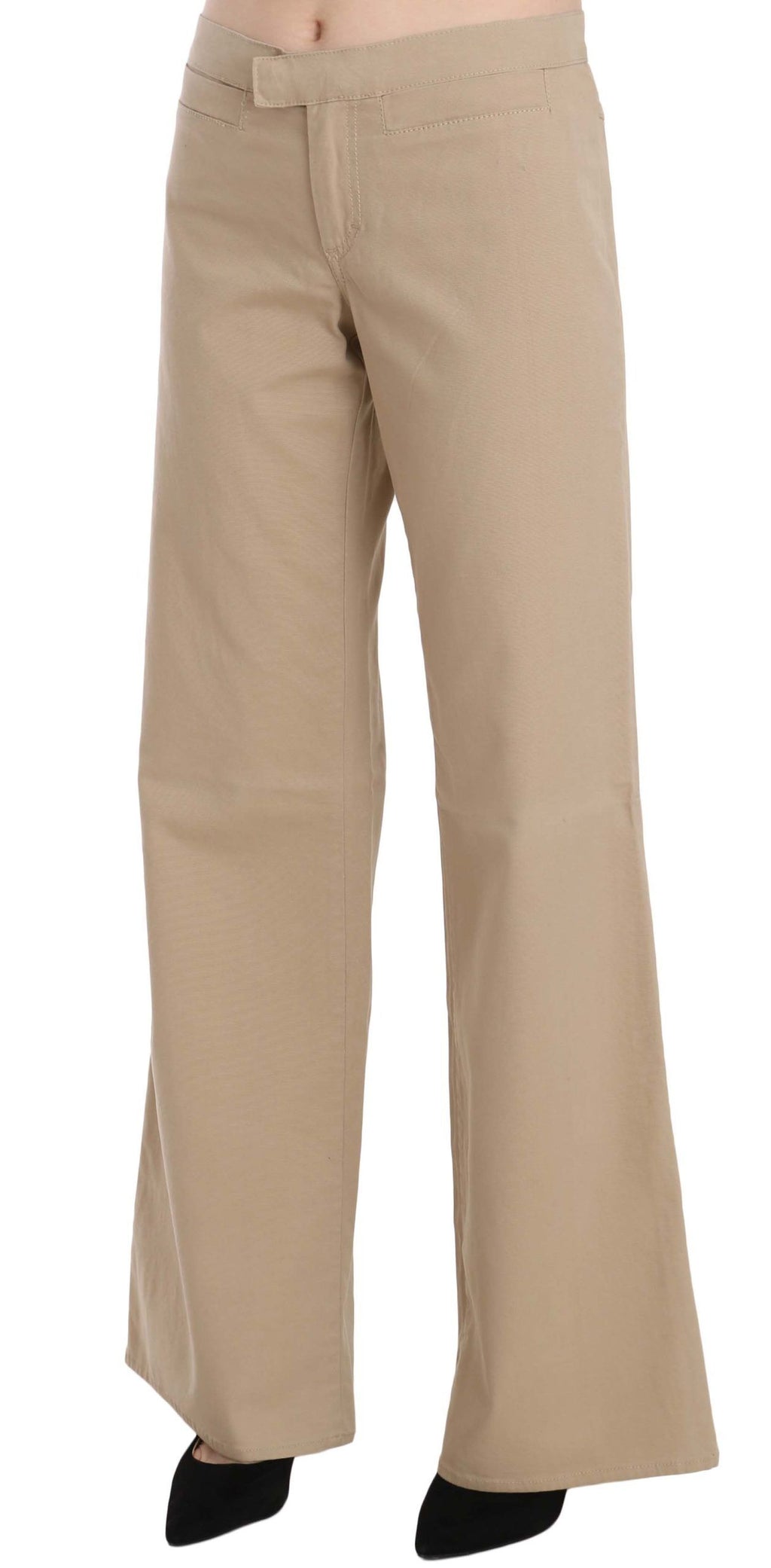 Beige Baumwoll-Hose mit ausgestelltem Bein und mittlerer Bundhöhe