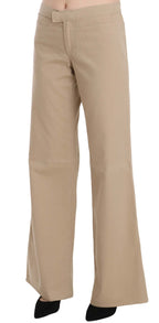 Beige Baumwoll-Hose mit ausgestelltem Bein und mittlerer Bundhöhe