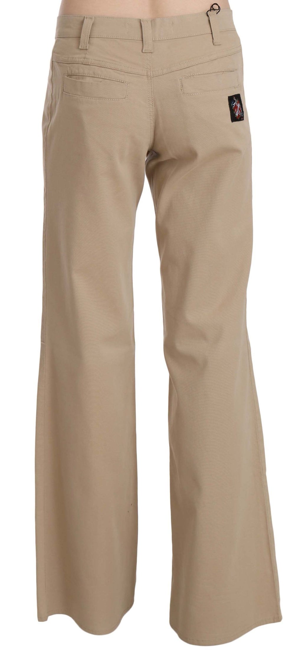 Beige Baumwoll-Hose mit ausgestelltem Bein und mittlerer Bundhöhe