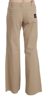 Beige Baumwoll-Hose mit ausgestelltem Bein und mittlerer Bundhöhe