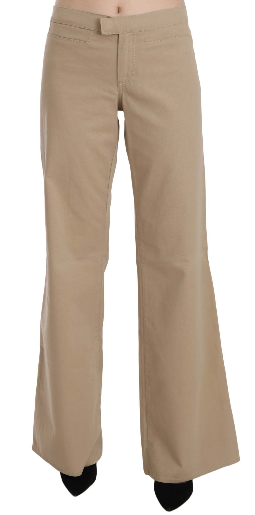 Beige Baumwoll-Hose mit ausgestelltem Bein und mittlerer Bundhöhe