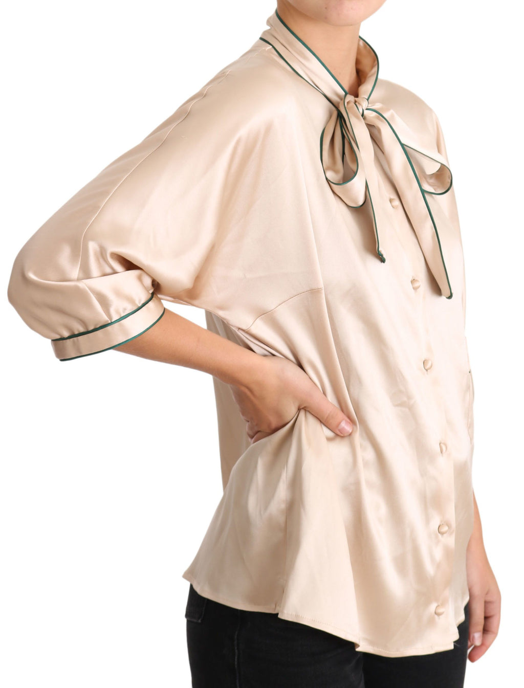 Beige Ribbon Seide Stretch Top Bluse