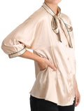 Beige Ribbon Seide Stretch Top Bluse