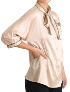 Beige Ribbon Seide Stretch Top Bluse