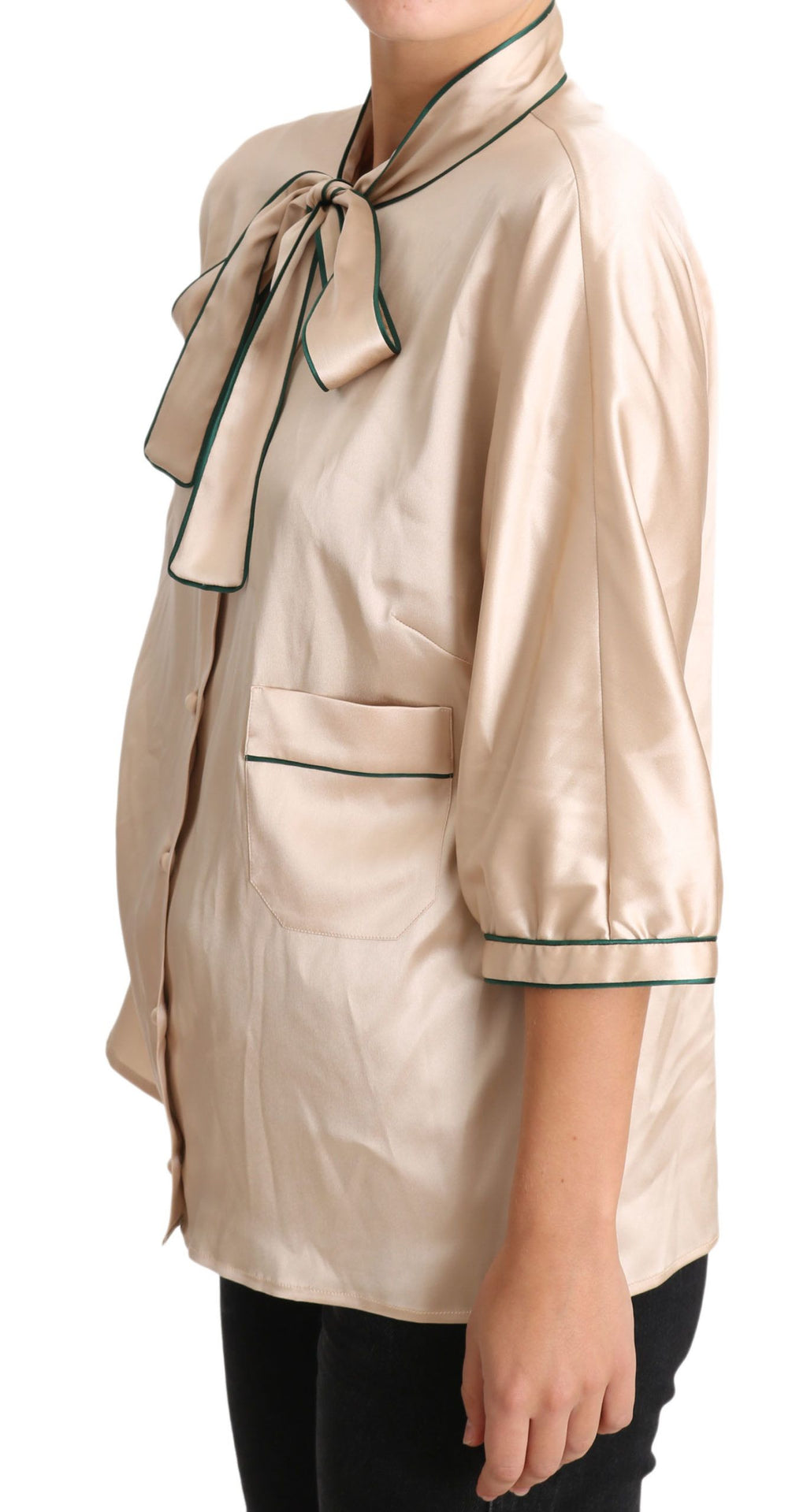 Beige Ribbon Seide Stretch Top Bluse